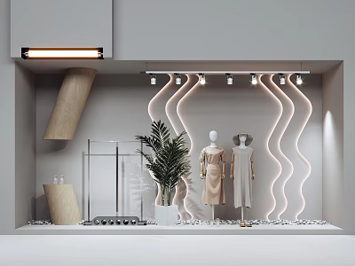 Modern Storefront Event Entrance With Neon Light Decorations Mannequins Green Plant And Glass Display Case 3d model