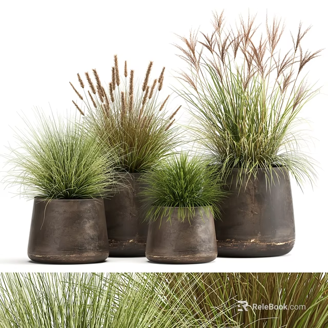 Modern Decorative Ornament Set With Brown Ceramic Pots And Green Grasses 3d model 