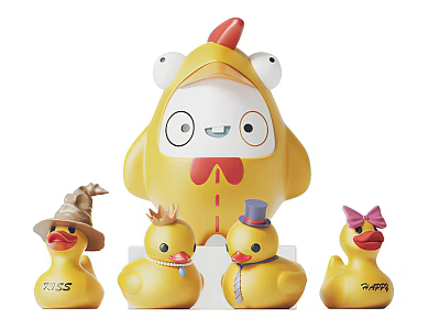 Large Yellow Chicken Doll with Small Duck Figurines Wearing Hats and Bow 3d model