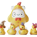 Large Yellow Chicken Doll with Small Duck Figurines Wearing Hats and Bow
