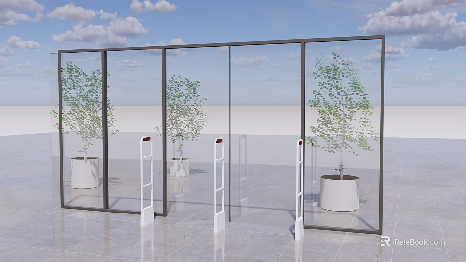 Transparent Glass Doors With White Bases And Green Plants In Modern Space 3d model 