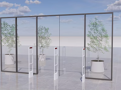 Transparent Glass Doors With White Bases And Green Plants In Modern Space 3d model