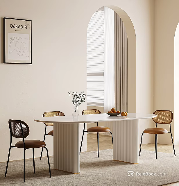 Minimalist Dining Table Set with White Tabletop Rattan Backrest Chairs and Fruit Plate Indoor 3d model 