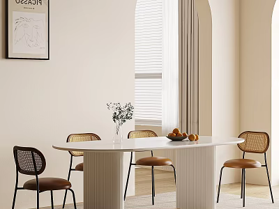 Minimalist Dining Table Set with White Tabletop Rattan Backrest Chairs and Fruit Plate Indoor 3d model