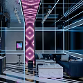 Modern KTV Room With Purple Lighting Neon Lines Sofa Coffee Table And TV Screen