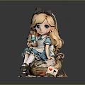 Alice Themed Doll Sitting On Vintage Pocket Watch With Playing Cards Teacup And Apple