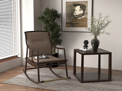 Comfortable Brown Rocking Chair with Wooden Frame Fabric Cushion Near Side Table and Green Plant 3d model