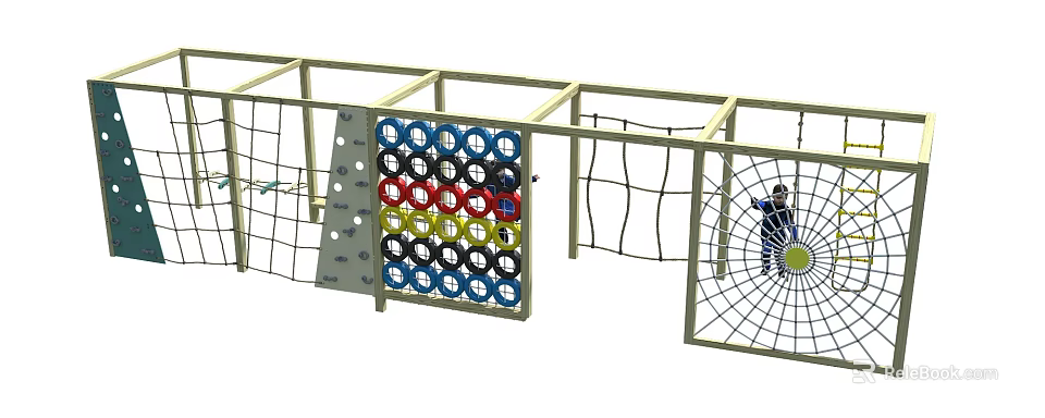 Kindergarten Outdoor Playground With Climbing Net Colored Rings And Activity Frames 3d model 