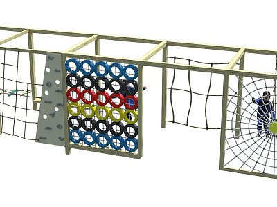 Kindergarten Outdoor Playground With Climbing Net Colored Rings And Activity Frames 3d model
