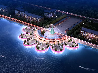 Aerial Planning of Waterfront Circular Illuminated Structure With Surrounding Buildings 3d model