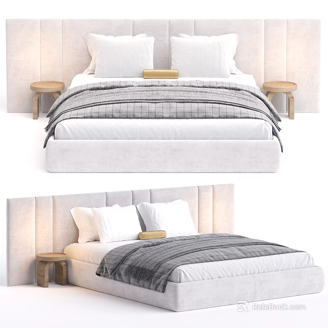Modern Double Bed With Upholstered Headboard Striped Blanket And Wooden Side Tables 3d model 