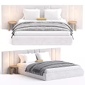 Modern Double Bed With Upholstered Headboard Striped Blanket And Wooden Side Tables