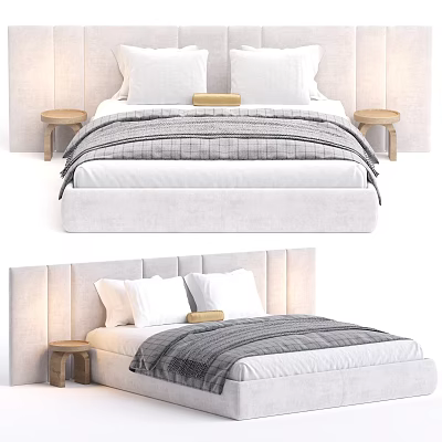 Modern Double Bed With Upholstered Headboard Striped Blanket And Wooden Side Tables 3d model