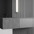 Modern Concrete Washbasin With Black Cabinets Linear Light And Striped Wall