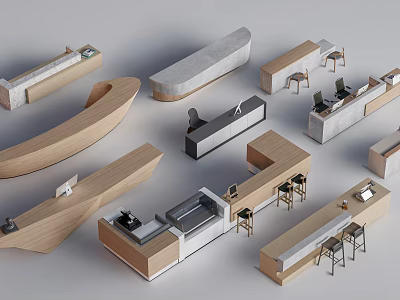 Modern Shop Front Desks With Various Designs Wooden Concrete Counters And Stools 3d model