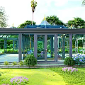 Glass Greenhouses with Dome Roofs in Lush Garden Landscape Surrounded by Trees and Pathways
