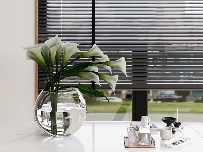 White Calla Lily Flowers in Transparent Spherical Vase by Window with Blinds 3d model
