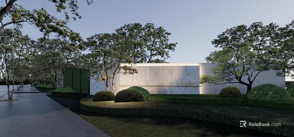 Modern Landscape Wall With White Stone Material Green Plants Trees Shrubs And Soft Lighting 3d model 