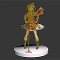 3D Anime Character Model With Red Hair Pink Dress And Flag Standing On White Base