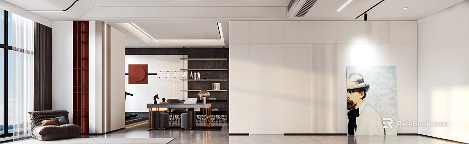 Modern Office Interior Design With Minimalist Desk Bookshelf And Pendant Lighting 3d model 