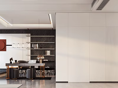 Modern Office Interior Design With Minimalist Desk Bookshelf And Pendant Lighting 3d model