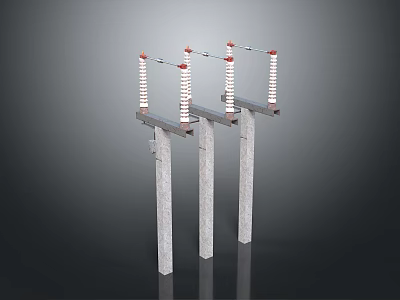High Voltage Electric Power Support Poles With Ceramic Insulators And Crossarms 3d model