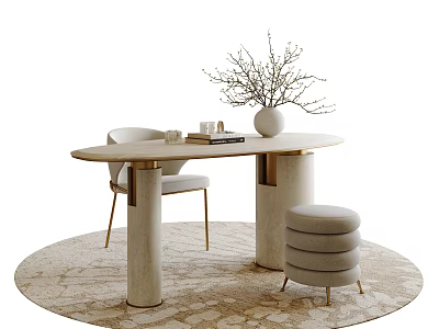 Modern Beige Desk with Cylindrical Legs Chair Stool Vase Branches Books on Patterned Rug 3d model