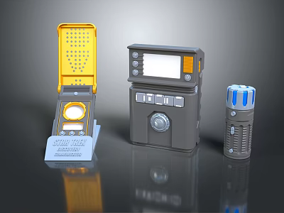 Commercial Equipment Set With Yellow Panel Gray Control Unit And Blue Striped Cylinder 3d model