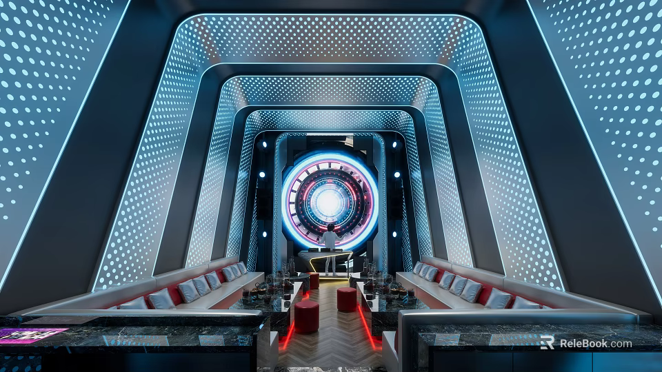 Futuristic Modern Bar Interior With Circular LED Light Feature And Leather Seats 3d model 