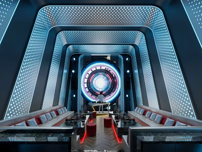 Futuristic Modern Bar Interior With Circular LED Light Feature And Leather Seats 3d model