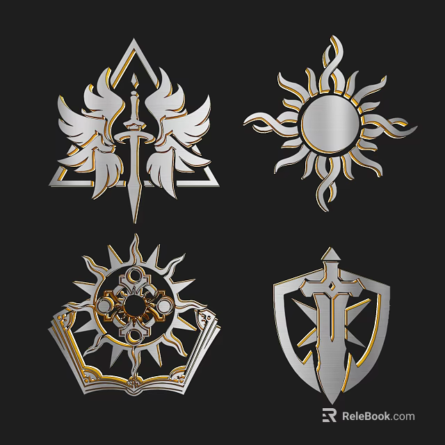 Decorative Ornament Set With Wings Sword Sun Book And Shield Motifs 3d model 