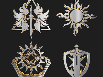 Decorative Ornament Set With Wings Sword Sun Book And Shield Motifs 3d model