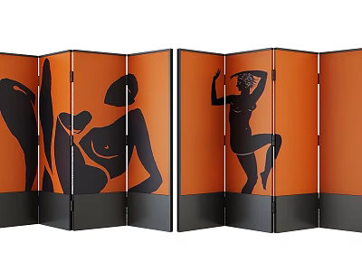 Orange Folding Room Divider Screen With Black Female Silhouette Art Design 3d model