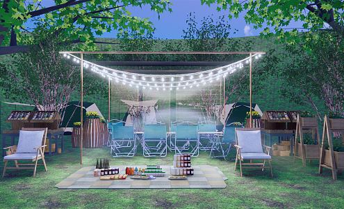 Modern tent camping park landscape canopy tent camp open air cinema starry sky night light picnic lawn party barbecue 3d model