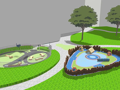Outdoor Children's Playground With Green Lawn Trees And Play Structures 3d model