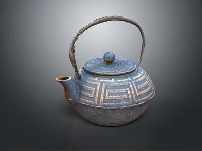 Traditional Blue Gray Teapot with Woven Handle Round Lid Knob and Geometric Patterns 3d model