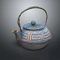 Traditional Blue Gray Teapot with Woven Handle Round Lid Knob and Geometric Patterns