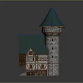 Cartoon Fairy Tale House Scene with Tower Blue Green Roof Wooden Structure and Stone Walls