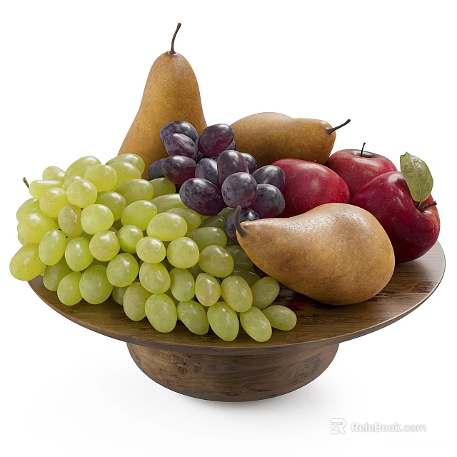 Fresh Fruit Platter with Green Purple Grapes Pears and Red Apples in Wooden Bowl 3d model 