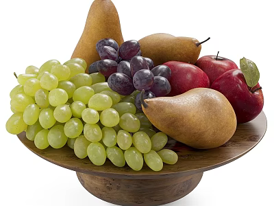 Fresh Fruit Platter with Green Purple Grapes Pears and Red Apples in Wooden Bowl 3d model