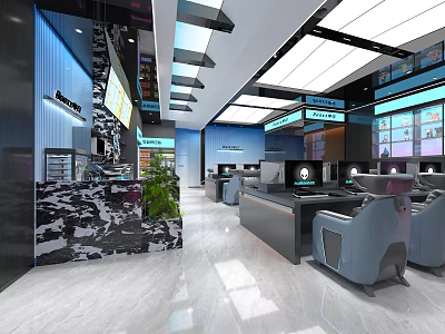 Modern Internet Cafe Interior Design With Comfortable Gaming Chairs High Performance Computers And Stylish Lighting 3d model