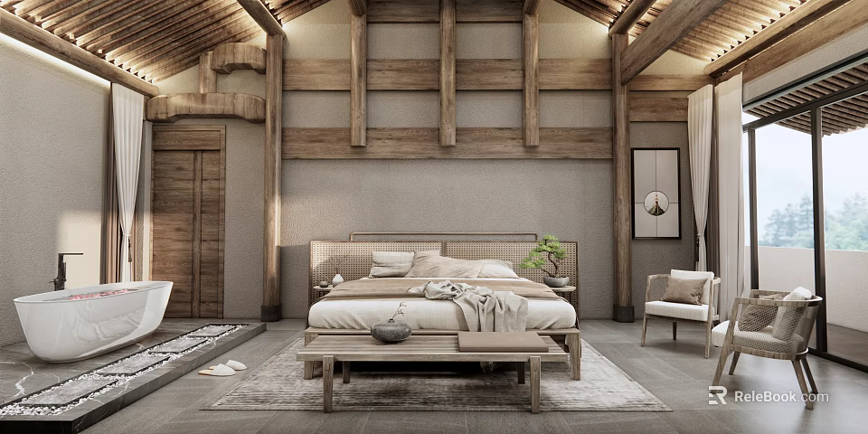 Traditional Wooden Hotel Guest Room With Large Bed Bench And Natural Style 3d model 