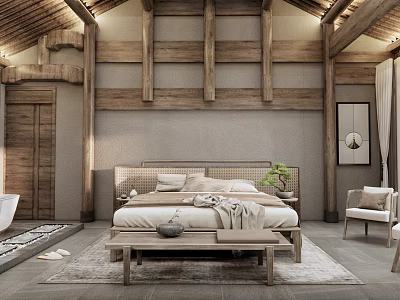 Traditional Wooden Hotel Guest Room With Large Bed Bench And Natural Style 3d model