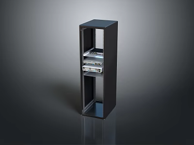Sturdy Black Computer Server Rack With Internal Network Equipment And Metal Shelves 3d model