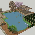 Traditional Wooden Pavilion with Large Waterwheel Ducks in Pond Pink Flowering Tree and Rocks