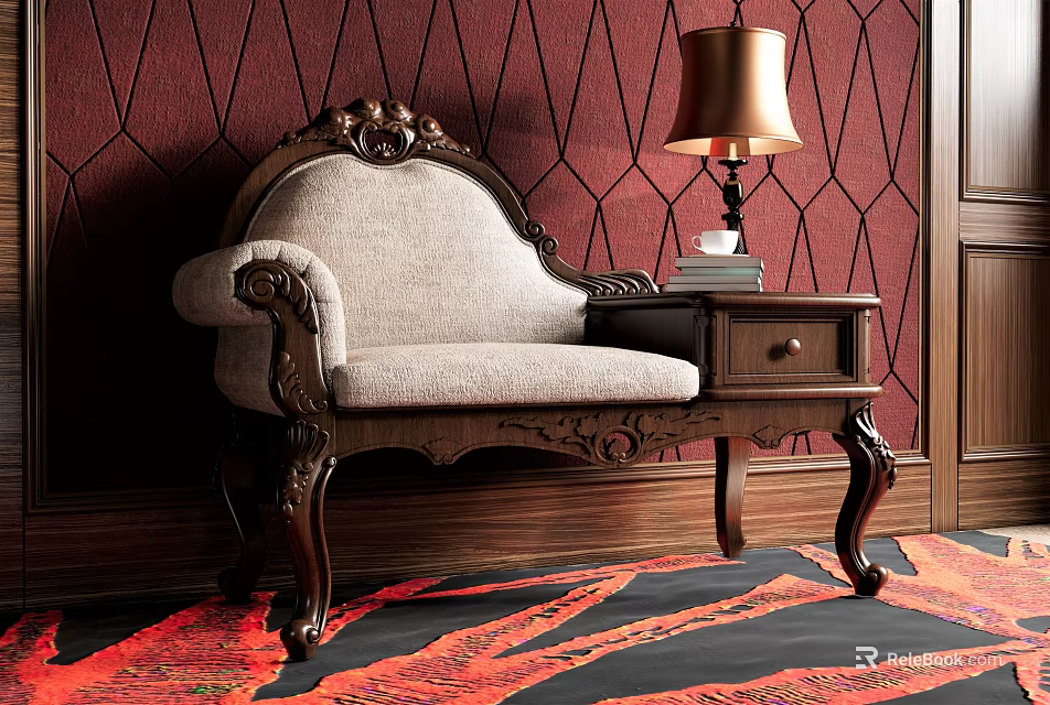 Vintage Single Sofa with Wooden Carved Frame Beige Upholstery Side Table Lamp and Red Wallpaper 3d model 