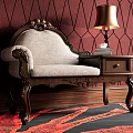 Vintage Single Sofa with Wooden Carved Frame Beige Upholstery Side Table Lamp and Red Wallpaper