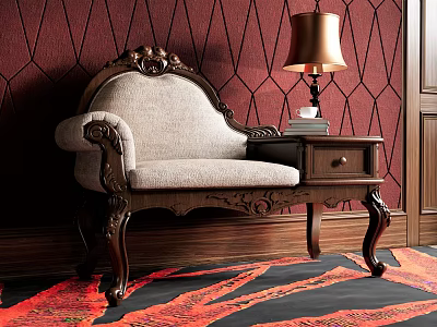 Vintage Single Sofa with Wooden Carved Frame Beige Upholstery Side Table Lamp and Red Wallpaper 3d model