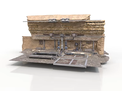 Detailed Geological Stratified Layers Model With Underground Structures And Metal Base Platform 3d model
