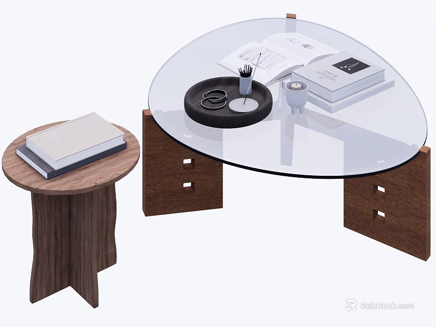 Modern Glass Top Coffee Table With Wooden Frame And Side Table With Books 3d model 